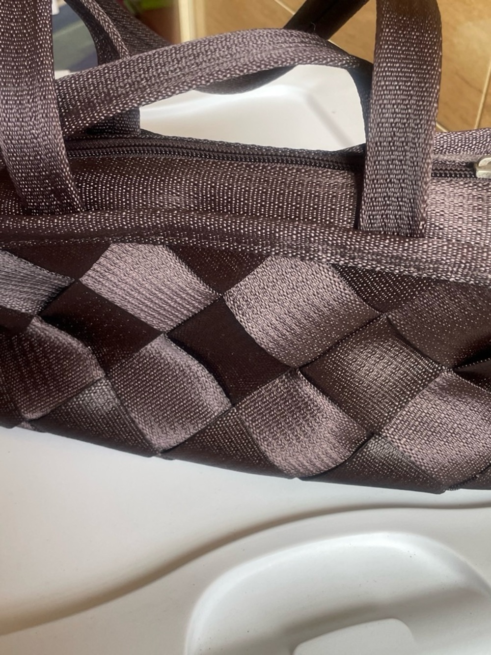 Woven Satin Handbag in Dark Brown